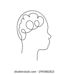 Head with brain continuous one line drawing, Asian non-binary face in profile Mental health concept, Vector graphics minimalist linear illustration made of single line