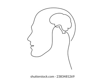 Head with brain. Continuous one line art drawing. Vector illustration isolated. Minimalist design handdrawn.