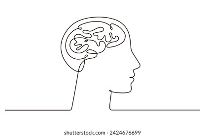 Head with brain continuous one line symbol drawing. Mental health concept icon in simple linear doodle style. Continuous line vector illustration with editable stroke for medicine poster, infographic