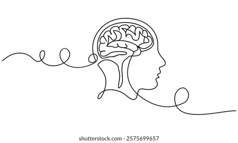 Head with brain continuous one line drawing. Mental health, concept icon in linear style. One Line Drawing of a human brain, Continuous line vector illustration
