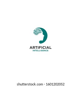 Head with brain dots connection artificial intelligence logo design vector template. Technology vector logo concept.