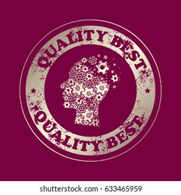 Head and brain gears in progress. concept of human thinking . Stamp with text. Quality  best