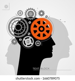 Head and Brain Gears in Progress. Silhouette of a man's head and gears. Business process concept. The origin of the idea. Thinking process.