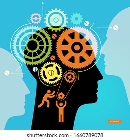 Head and Brain Gears in Progress. Silhouette of a man's head and gears. Business process concept. The origin of the idea. Thinking process.