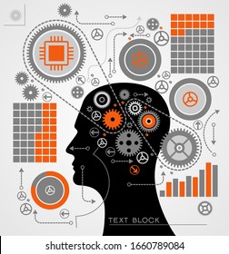 Head and Brain Gears in Progress. Silhouette of a man's head and gears. Business process concept. The origin of the idea. Thinking process.
