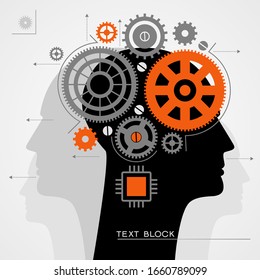 Head and Brain Gears in Progress. Silhouette of a man's head and gears. Business process concept. The origin of the idea. Thinking process.