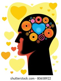 Cabeza y engranajes cerebrales en progreso.piense en el amor