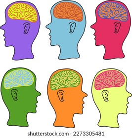 head and brain hand draw cartoon color full illustration