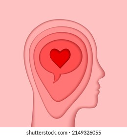 Head, Brain And Heart Concept. Human Mind Silhouette, Profile Face Outline And Heart Shape Symbol As Emotional Intelligence Or Self Love Concept In Paper Cut Art.