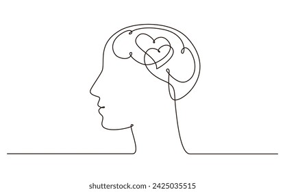 Head with brain and heart continuous one line symbol drawing. Mental health, love  concept icon in linear style. Continuous line vector illustration with editable stroke for poster, infographic, flyer