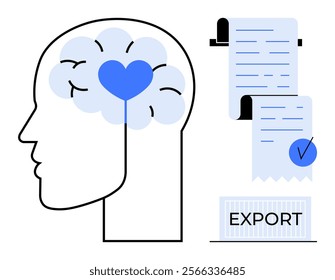 Head with brain and heart symbol representing cognition and emotions. Documents and checkbox suggesting verification, and export text implying business transactions. Ideal for mental health