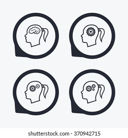 Head with brain icon. Female woman think symbols. Cogwheel gears signs. Flat icon pointers.