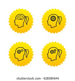 Head with brain icon. Female woman think symbols. Cogwheel gears signs. Yellow stars labels with flat icons. Vector