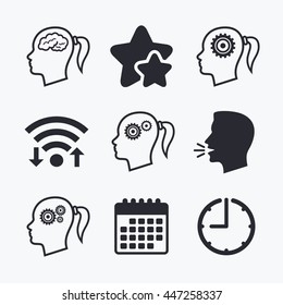Head with brain icon. Female woman think symbols. Cogwheel gears signs. Wifi internet, favorite stars, calendar and clock. Talking head. Vector