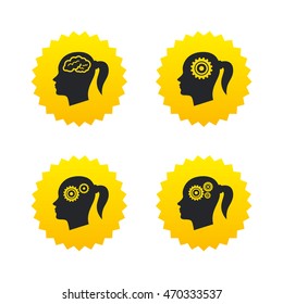 Head with brain icon. Female woman think symbols. Cogwheel gears signs. Yellow stars labels with flat icons. Vector