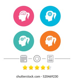 Head with brain icon. Female woman think symbols. Cogwheel gears signs. Calendar, cogwheel and report linear icons. Star vote ranking. Vector