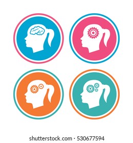 Head with brain icon. Female woman think symbols. Cogwheel gears signs. Colored circle buttons. Vector
