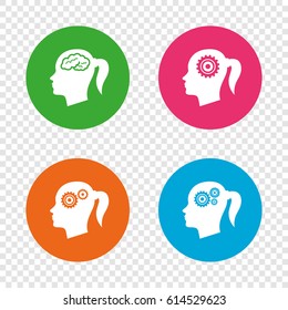 Head with brain icon. Female woman think symbols. Cogwheel gears signs. Round buttons on transparent background. Vector