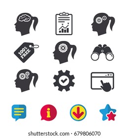 Head with brain icon. Female woman think symbols. Cogwheel gears signs. Browser window, Report and Service signs. Binoculars, Information and Download icons. Stars and Chat. Vector