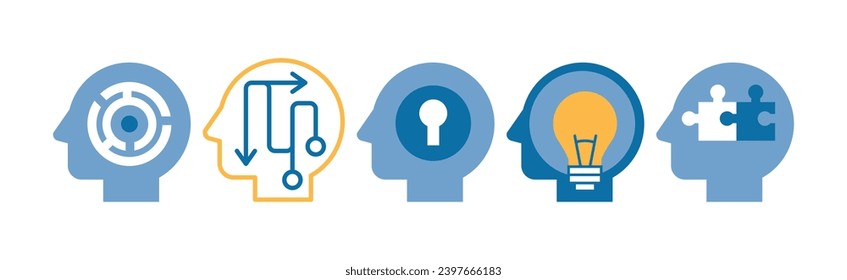 Head with Brain as Icon of Imagination and Mind Power Vector Set