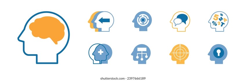 Head with Brain as Icon of Imagination and Mind Power Vector Set