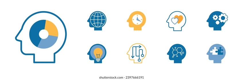 Head with Brain as Icon of Imagination and Mind Power Vector Set