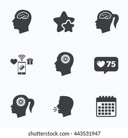 Head with brain icon. Male and female human think symbols. Cogwheel gears signs. Woman with pigtail. Flat talking head, calendar icons. Stars, like counter icons. Vector