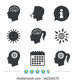 Head with brain icon. Male and female human think symbols. Cogwheel gears signs. Woman with pigtail. Information, go to web and calendar icons. Sun and loud speak symbol. Vector