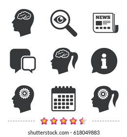 Head with brain icon. Male and female human think symbols. Cogwheel gears signs. Woman with pigtail. Newspaper, information and calendar icons. Investigate magnifier, chat symbol. Vector