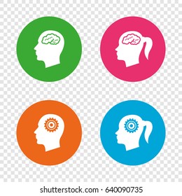 Head With Brain Icon. Male And Female Human Think Symbols. Cogwheel Gears Signs. Woman With Pigtail. Round Buttons On Transparent Background. Vector