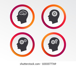 Head With Brain Icon. Male Human Think Symbols. Cogwheel Gears Signs. Infographic Design Buttons. Circle Templates. Vector