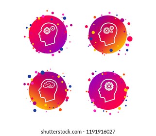 Head with brain icon. Male human think symbols. Cogwheel gears signs. Gradient circle buttons with icons. Random dots design. Vector
