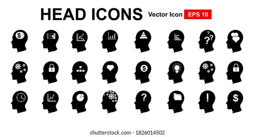 Head with brain icon. Male human think symbols. Cogwheel gears signs. Flat icons on white. Vector