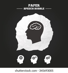 Head with brain icon. Male human think symbols. Cogwheel gears signs. Paper speech bubble with icon.