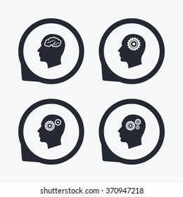 Head with brain icon. Male human think symbols. Cogwheel gears signs. Flat icon pointers.