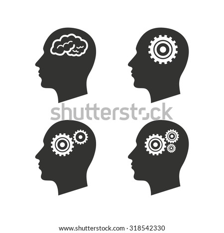 Head with brain icon. Male human think symbols. Cogwheel gears signs. Flat icons on white. Vector