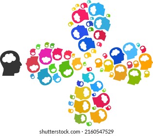Head brain icon multicolored curl flower with four petals shape. Element flower created from scattered head brain icons. Vector flower icon collage in flat style.