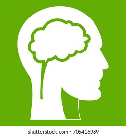 Head with brain icon white isolated on green background. Vector illustration