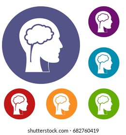 Head with brain icons set in flat circle red, blue and green color for web
