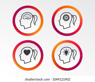 Head with brain and idea lamp bulb icons. Female woman think symbols. Cogwheel gears signs. Love heart. Infographic design buttons. Circle templates. Vector