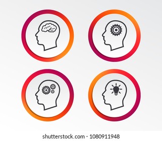 Head with brain and idea lamp bulb icons. Male human think symbols. Cogwheel gears signs. Infographic design buttons. Circle templates. Vector