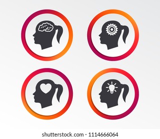 Head with brain and idea lamp bulb icons. Female woman think symbols. Cogwheel gears signs. Love heart. Infographic design buttons. Circle templates. Vector