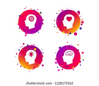 Head with brain and idea lamp bulb icons. Male human think symbols. Cogwheel gears signs. Love heart. Gradient circle buttons with icons. Random dots design. Vector
