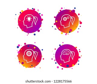 Head with brain and idea lamp bulb icons. Female woman think symbols. Cogwheel gears signs. Gradient circle buttons with icons. Random dots design. Vector