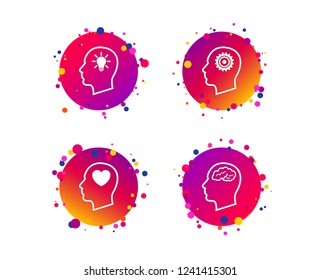 Head with brain and idea lamp bulb icons. Male human think symbols. Cogwheel gears signs. Love heart. Gradient circle buttons with icons. Random dots design. Vector