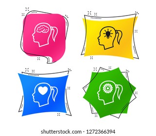 Head with brain and idea lamp bulb icons. Female woman think symbols. Cogwheel gears signs. Love heart. Geometric colorful tags. Banners with flat icons. Trendy design. Vector