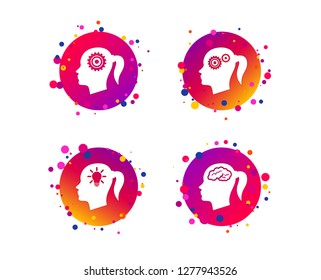 Head with brain and idea lamp bulb icons. Female woman think symbols. Cogwheel gears signs. Gradient circle buttons with icons. Random dots design. Vector