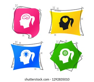 Head with brain and idea lamp bulb icons. Female woman think symbols. Cogwheel gears signs. Love heart. Geometric colorful tags. Banners with flat icons. Trendy design. Vector