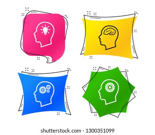 Head with brain and idea lamp bulb icons. Male human think symbols. Cogwheel gears signs. Geometric colorful tags. Banners with flat icons. Trendy design. Vector