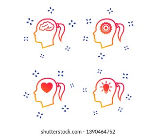 Head with brain and idea lamp bulb icons. Female woman think symbols. Cogwheel gears signs. Love heart. Random dynamic shapes. Gradient head icon. Vector